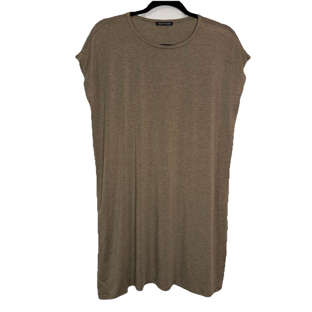 Eileen Fisher Womens Tarragon Tencel Crew Neck Tunic Short Sleeve Shirt Beige